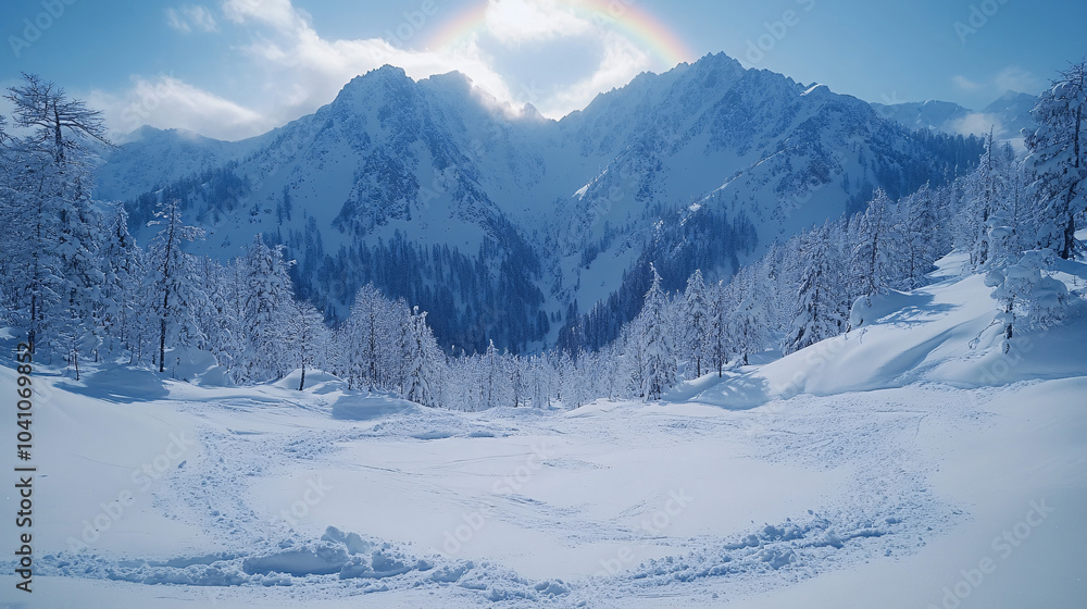 Fototapeta premium Winter, landscape and rainbow in Mountain forest with snow on trees in countryside, environment or woods. Sunshine, clouds or peace in nature with colors in sky like heaven