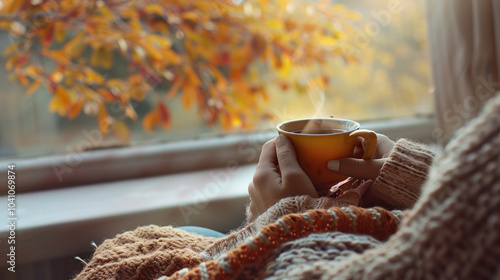 Hands of a senior woman holding steaming cup of tea or coffee in front of a window in morning. Old adult enjoys hot beverage drink, reflecting on memories or savoring quiet moment of contemplation.  photo