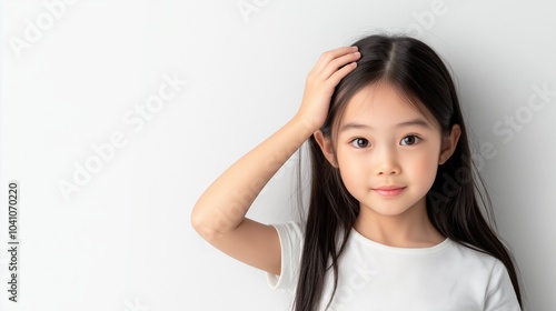 Asian girl hand on head 