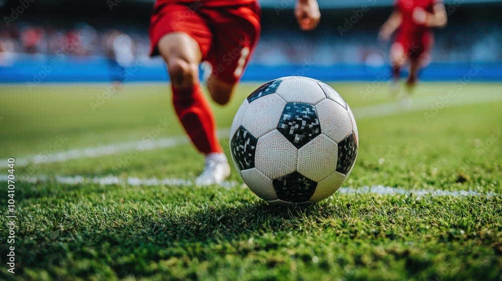 Fototapeta premium A close-up of a soccer ball rolling on the grass while players in red uniforms are in action during a match.