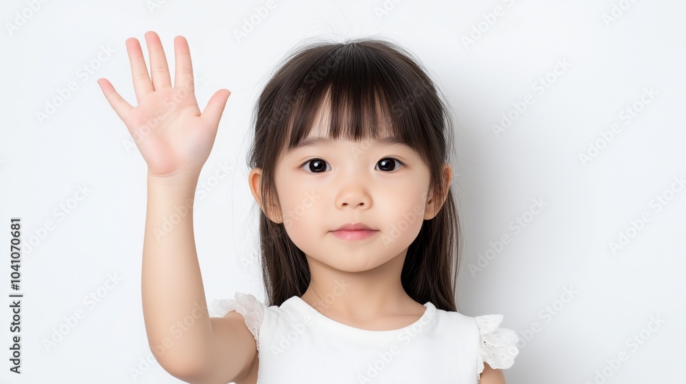 Asian kid girl raise hand Asian kid girl raise hand