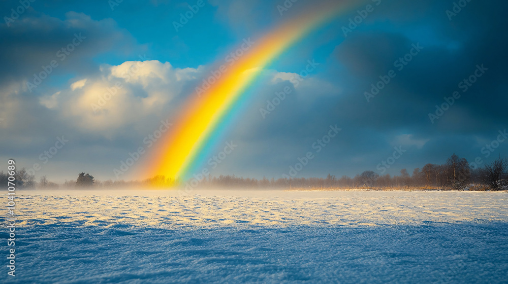 Winter, landscape and rainbow in Mountain forest with snow on trees in countryside, environment or woods. Sunshine, clouds or peace in nature with colors in sky like heaven Winter, landscape and rainbow in Mountain forest with snow on trees in countryside, environment or woods. Sunshine, clouds or peace in nature with colors in sky like heaven