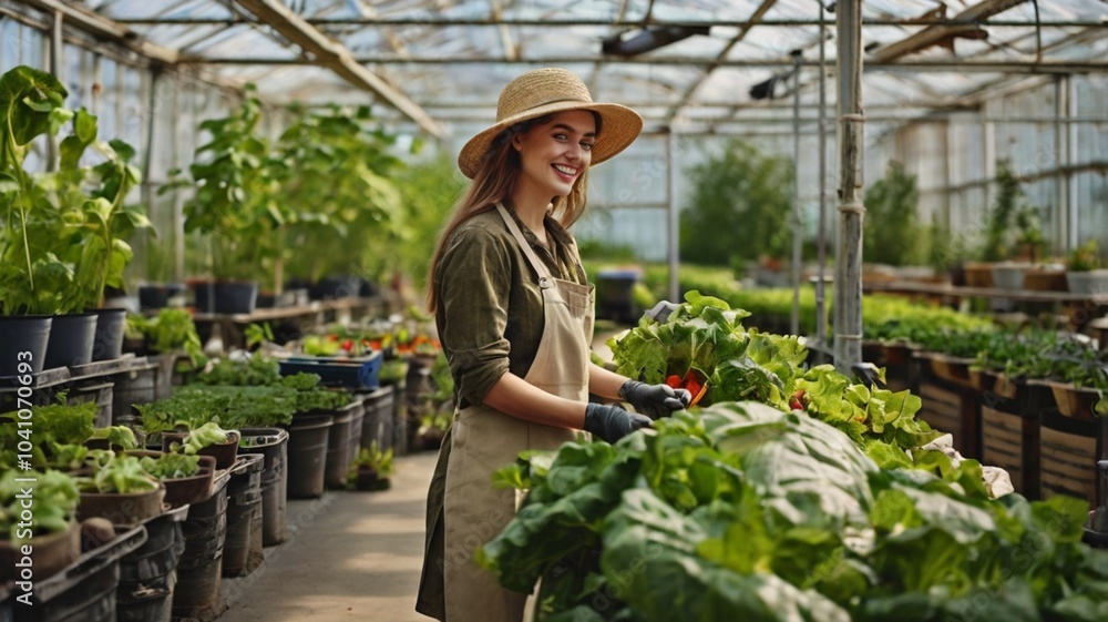 Obraz premium Smiling woman harvesting vegetables in greenhouse