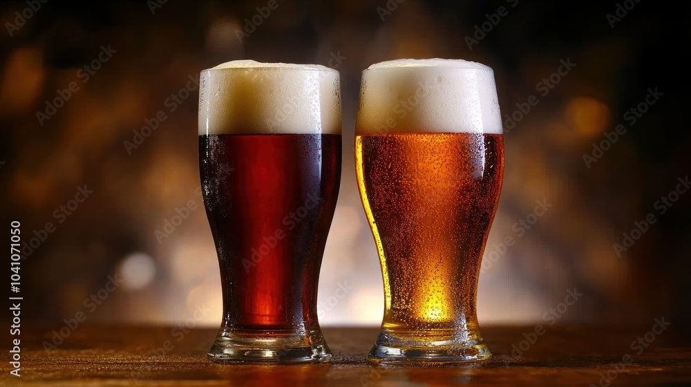 Two Glasses of Beer on a Wooden Table Two Glasses of Beer on a Wooden Table