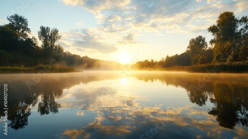 15 Drifting fog over a still lake at dawn, foggy weather, calm and ethereal photo