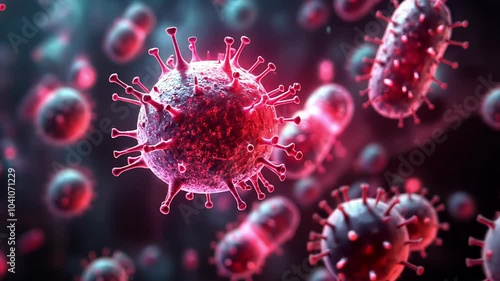 Red blood cells, some with spikes, move through a dark background, red virus bacteria, generative ai