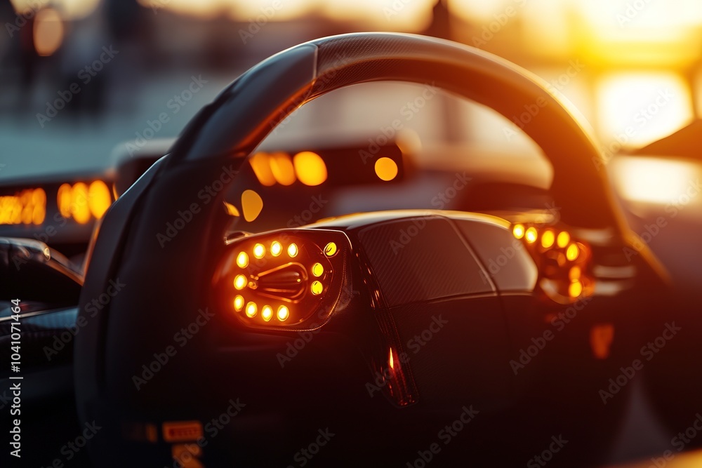 Fototapeta premium Sunset glow illuminates car's steering wheel and dashboard