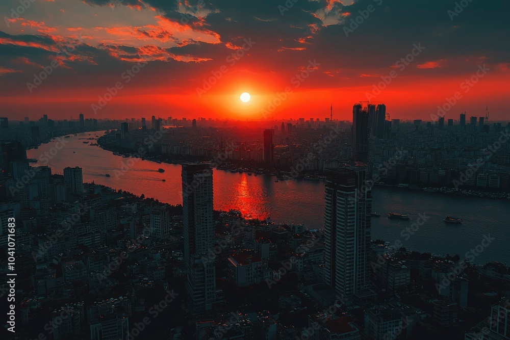 Cityscape with Sunset and River Cityscape with Sunset and River