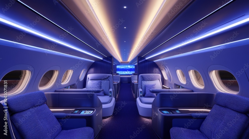 Fototapeta premium first-class journey, trendy individual, amber-hued lighting, in-flight entertainment, textured sweater, panoramic view, luxurious leather upholstery, peaceful ambiance