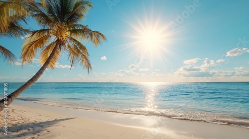 31 Tropical sun shining brightly over a palmlined beach, warm weather, summer vibes
