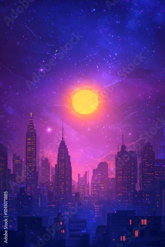 Stunning sunset over a vibrant city skyline filled with skyscrapers and glowing stars in a twilight backdrop