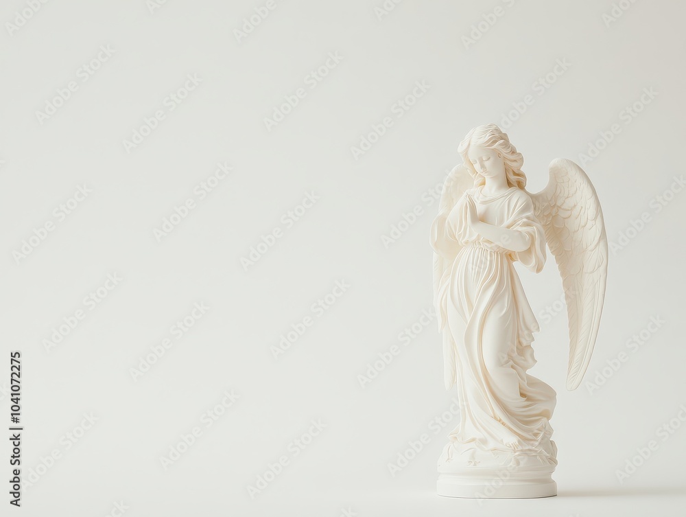Elegant white angel statue against minimalist light background Elegant white angel statue against minimalist light background