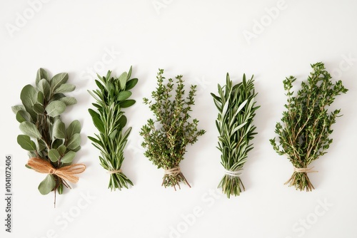 Fresh aromatic herb bundles on white background featuring sage, rosemary, thyme, and oregano