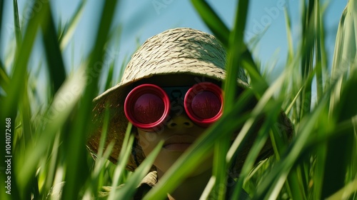 safari explorer hidden in tall grass, pith helmet, red binoculars, lush green field, child's adventure, playful imagination, sunny day photo