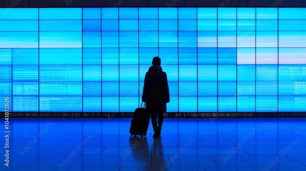 globe-trotter silhouette, illuminated flight schedules, personal luggage, trendy travel ensemble, quiet airport scene, gleaming tile floor, contemporary aviation hub globe-trotter silhouette, illuminated flight schedules, personal luggage, trendy travel ensemble, quiet airport scene, gleaming tile floor, contemporary aviation hub