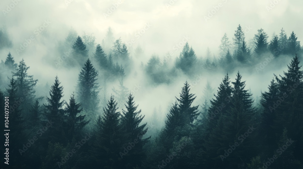 Enchanting misty forest landscape with towering fir trees in a retro vintage style, capturing a serene, atmospheric scene of nature’s beauty with fog-blanketed woods in soft pastel tones for tranquil Enchanting misty forest landscape with towering fir trees in a retro vintage style, capturing a serene, atmospheric scene of nature’s beauty with fog-blanketed woods in soft pastel tones for tranquil
