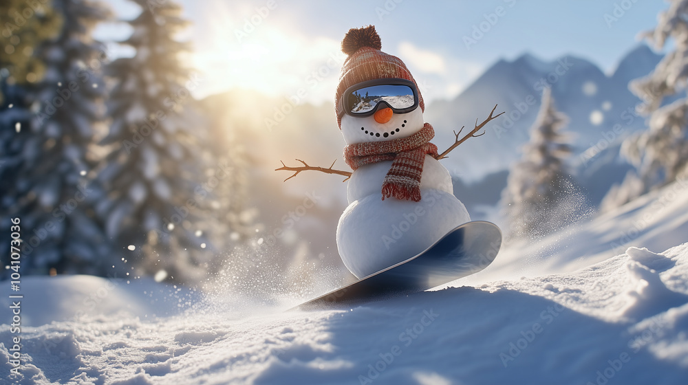 Obraz premium Snowman snowboarding down a mountain slope, with goggles and a scarf, embracing a humorous and festive winter adventure in this creative holiday scene. Image made using Generative AI.