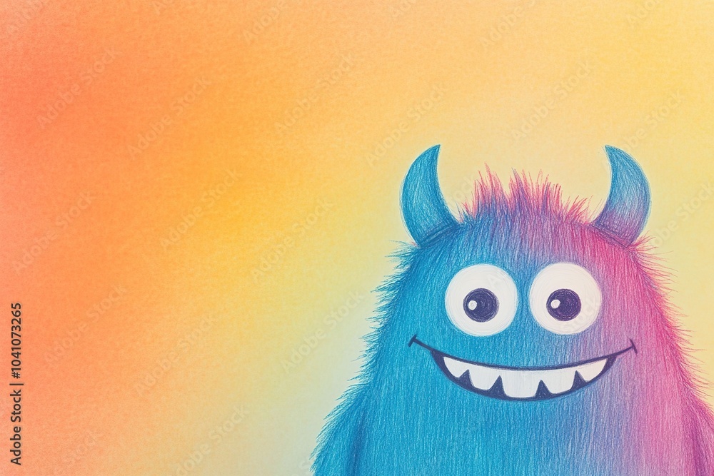Blue fuzzy monster with a cheerful smile on gradient Blue fuzzy monster with a cheerful smile on gradient