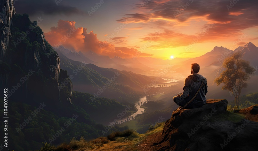 A lone man sits on a cliff overlooking a valley A lone man sits on a cliff overlooking a valley