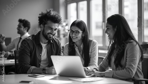Laughing young Indian executives corporate workers teammates of diverse gender use computer app together enjoy conversation discuss funny work situation. Two colleagues friends having fun on workplace
