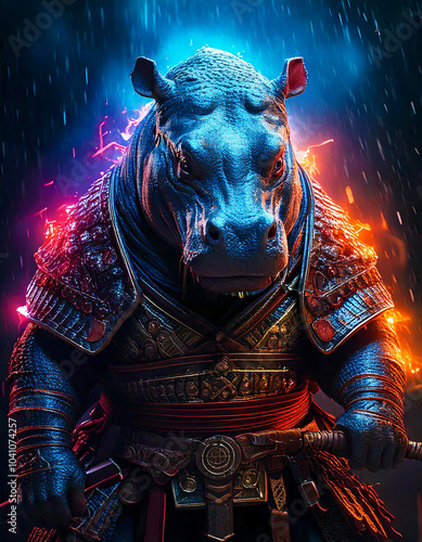 A powerful glowing Hippo samurai with blue and red sparks