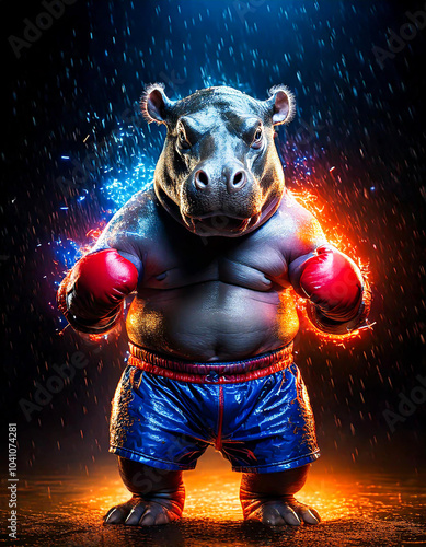 Cute baby Hippo in blue boxing shorts and a boxing gym background