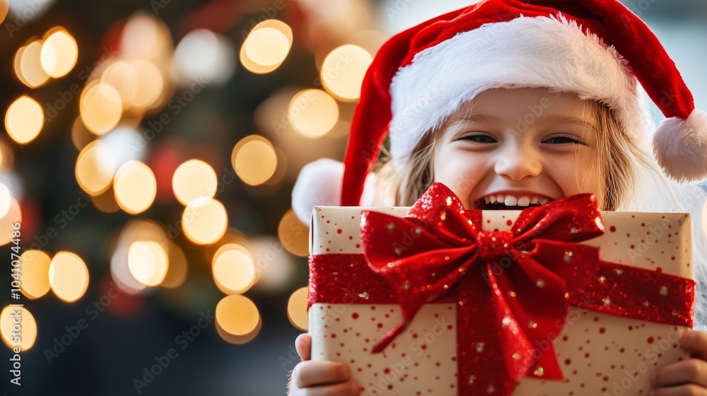 A cheerful child in a Santa hat holding a beautifully wrapped gift, exuding joy and excitement against a festive backdrop of twinkling lights. A cheerful child in a Santa hat holding a beautifully wrapped gift, exuding joy and excitement against a festive backdrop of twinkling lights.