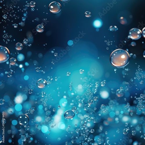 Colse - up blue background with floating deep sea underwater bubbles photo