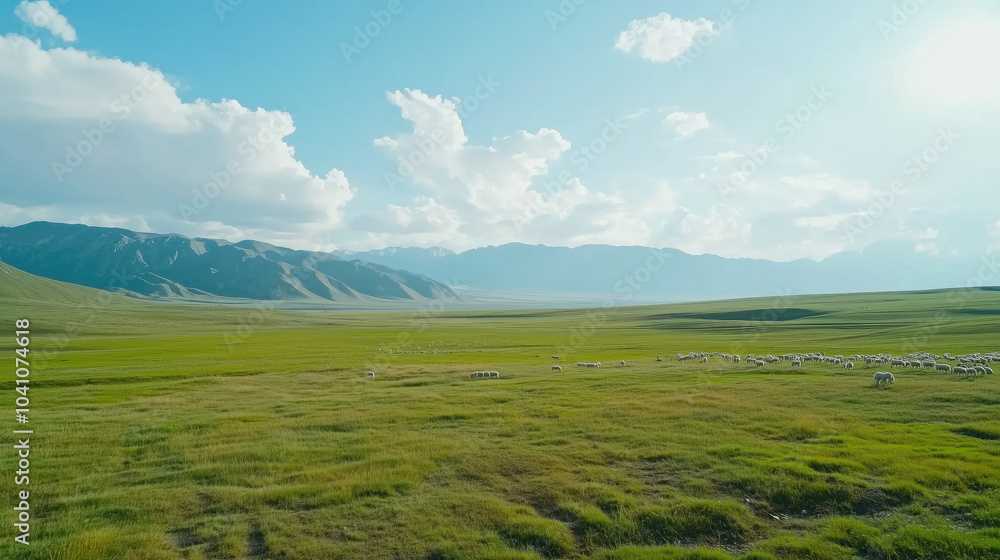 Fototapeta premium landscape with green grass and clouds