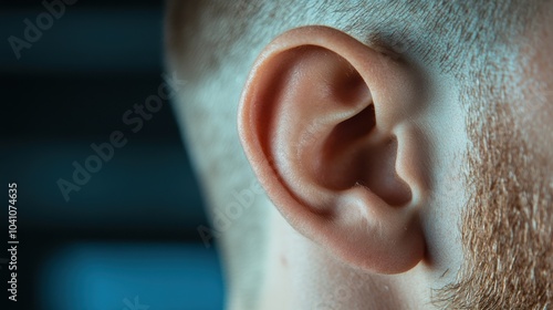 Close-up of a human ear with clear details, isolated on a white background. photo