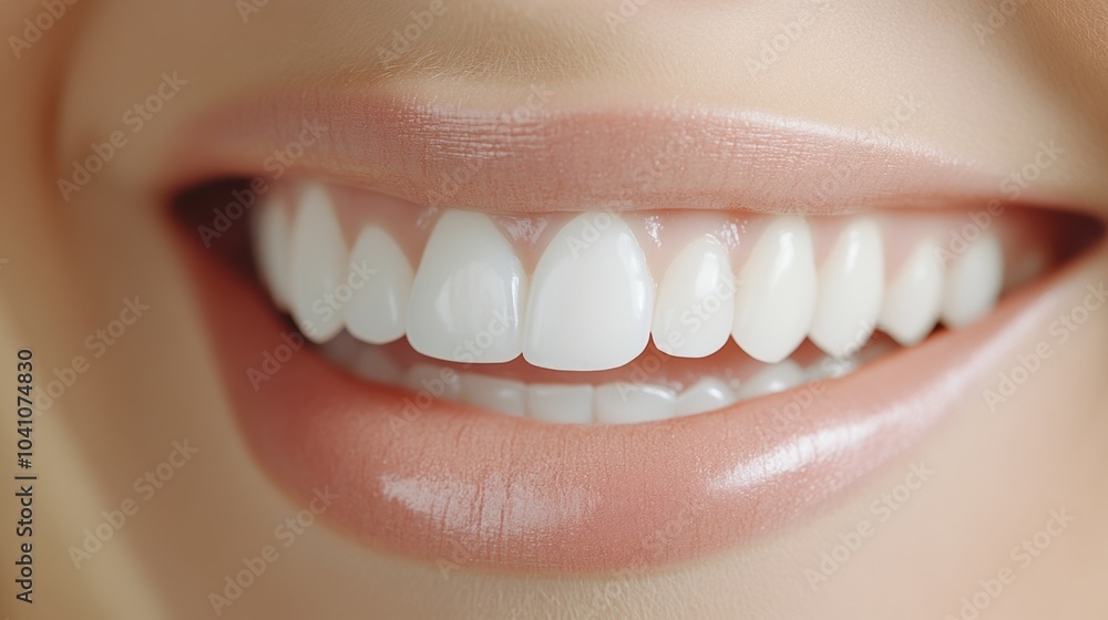 Close-up of a smiling mouth with bright, white teeth and healthy gums. Close-up of a smiling mouth with bright, white teeth and healthy gums.