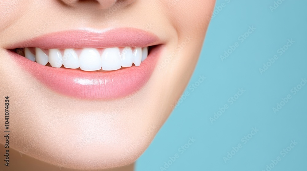 Obraz premium Close-up of a smiling mouth with bright white teeth against a light blue background.