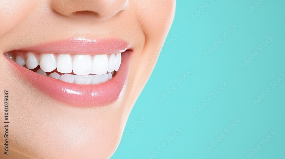 Close-up of a smiling woman's mouth with perfect teeth on a turquoise background. Close-up of a smiling woman's mouth with perfect teeth on a turquoise background.