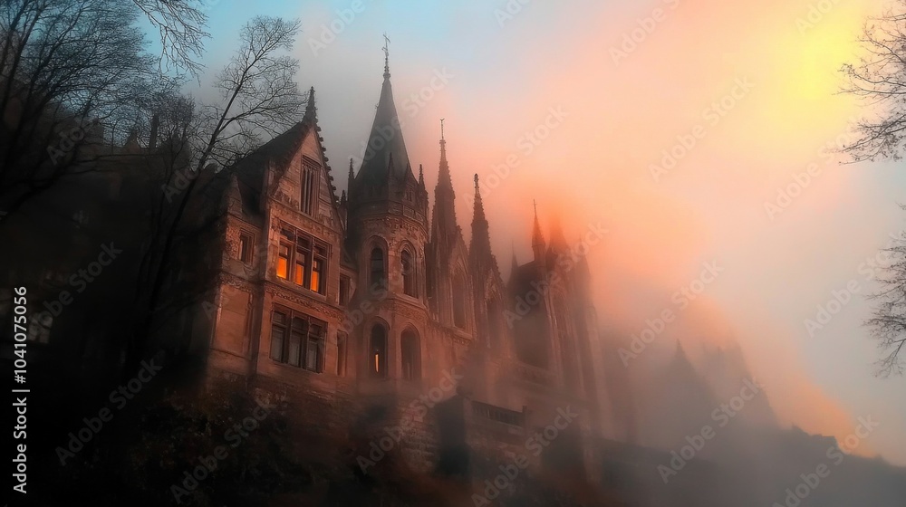 Old medieval castle: Ancient lakeside castle, engulfed in fog behind. Halloween, horror, fairytale background concept.
Old medieval castle: Ancient lakeside castle, engulfed in fog behind. Halloween, horror, fairytale background concept.