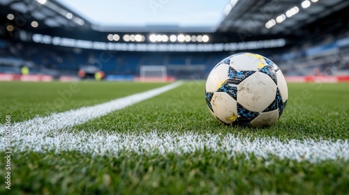 Close-up of a soccer ball on a green field along the white line. photo