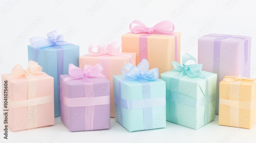 A row of colorful boxes with bows on them, each one a different color A row of colorful boxes with bows on them, each one a different color