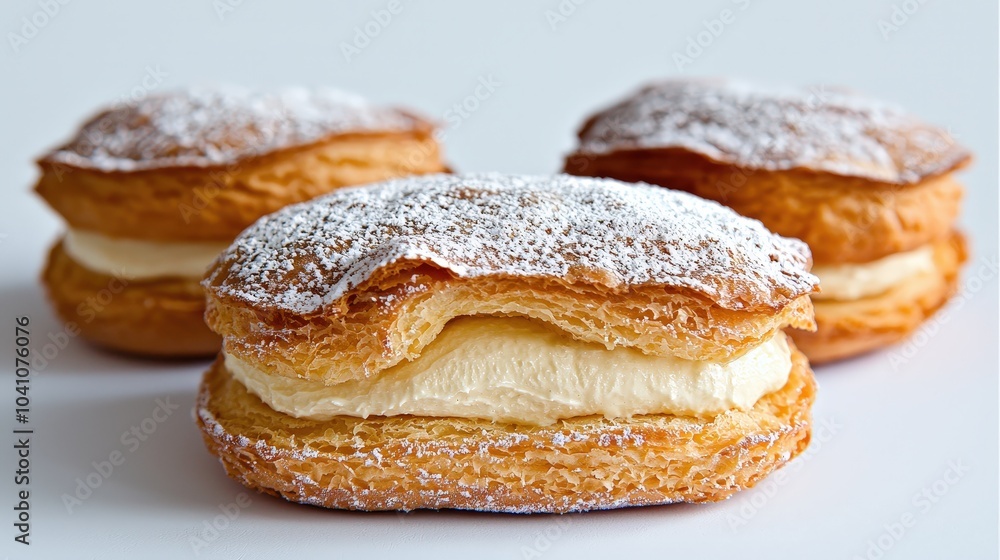 Delicious Cream Puffs with Powdered Sugar Bakery Pastry Dessert Delicious Cream Puffs with Powdered Sugar Bakery Pastry Dessert