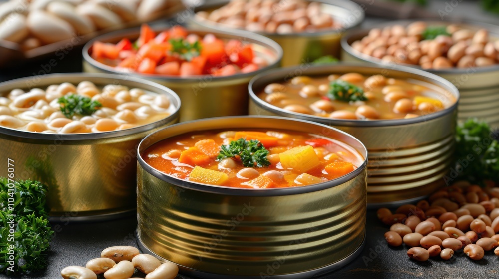 Various canned beans and vegetables displayed in open cans with ingredients scattered around
Various canned beans and vegetables displayed in open cans with ingredients scattered around