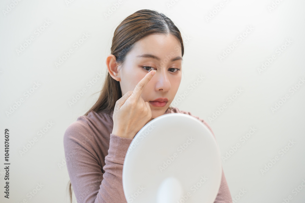 Ophthalmology care, eyesight or vision. Asian young woman, girl hand holding and putting, wearing soft, daily disposable contact lens on her face with finger, looking into eye. Medical and health care Ophthalmology care, eyesight or vision. Asian young woman, girl hand holding and putting, wearing soft, daily disposable contact lens on her face with finger, looking into eye. Medical and health care
