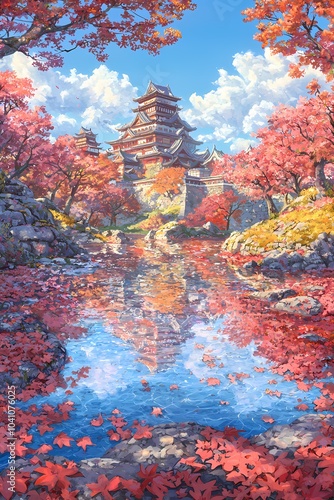 Serene Japanese Castle Landscape Reflection