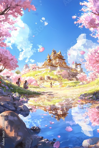 Serene Japanese Castle Landscape Reflection