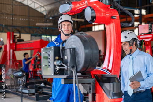 young caucasian technician in safety uniform check and maintenance welding robot machine,experienced staff beside,workers working with industrial robot in small industry