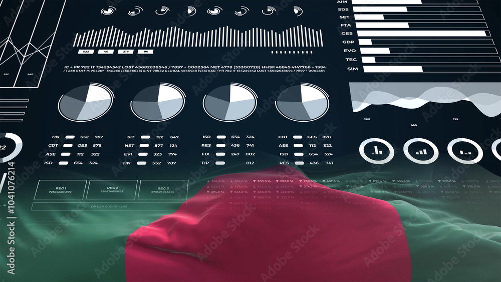 Bangladesh flag - Waving flag on report analytics data statement Bangladesh flag - Waving flag on report analytics data statement