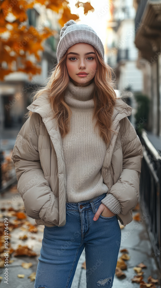 young woman wearing modern, fashionable jeans and a trendy puffer jacket. young woman wearing modern, fashionable jeans and a trendy puffer jacket.