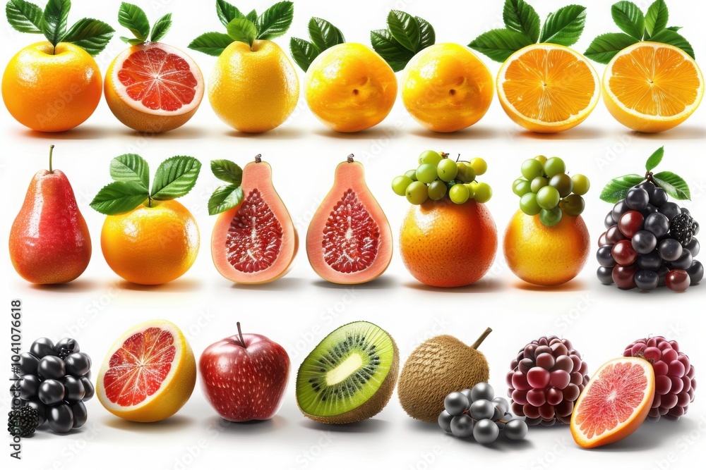 A variety of fruits including oranges pears grapes and berries with fresh green leaves arranged in rows
A variety of fruits including oranges pears grapes and berries with fresh green leaves arranged in rows