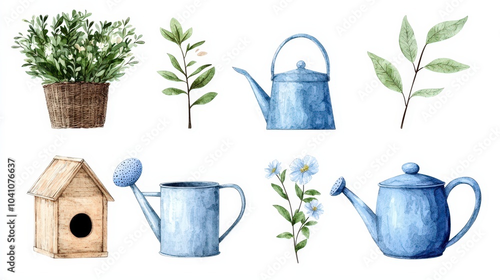 Watercolor Spring Garden Elements   Flowers  Teapot  Birdhouse  Watering Can