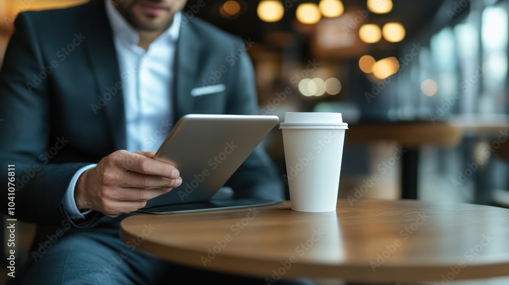 Business Professional Using Tablet in Modern Cafe Setting Business Professional Using Tablet in Modern Cafe Setting