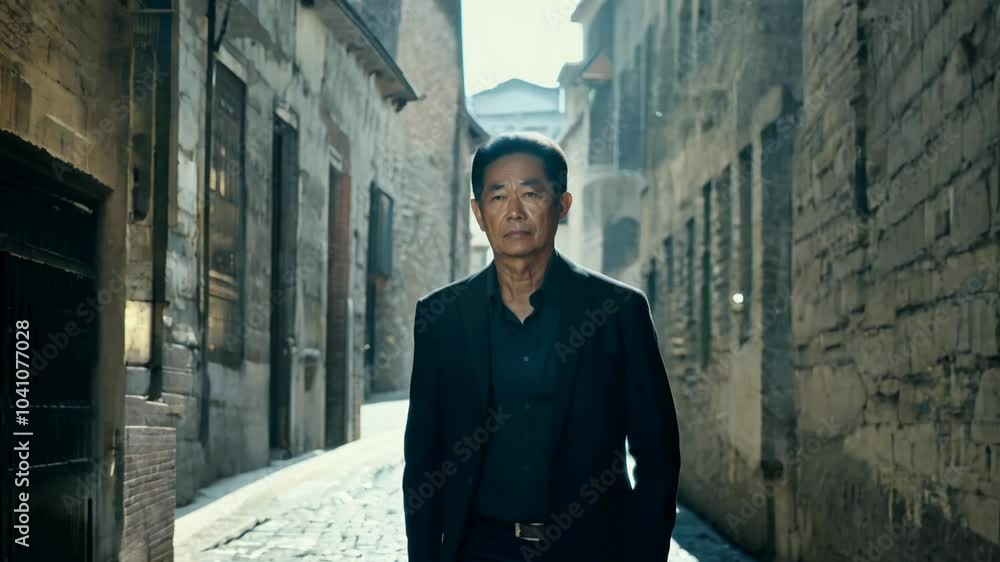 A serious 40-year-old asian man walks confidently, facing the camera, along a historic alley with side light casting a dramatic shadow on his face as the camera zooms out A serious 40-year-old asian man walks confidently, facing the camera, along a historic alley with side light casting a dramatic shadow on his face as the camera zooms out