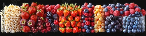 A colorful assortment of fresh berries including strawberries raspberries blueberries and red currants arranged in sections