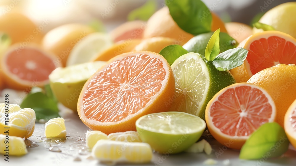 A medley of citrus fruits with dramatic lighting, highlighting texture and color, refreshing theme